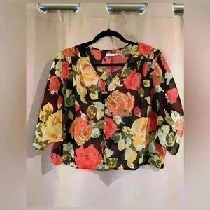 Kimchi Blue Floral Button-Front Blouse in Black, Coral, Yellow XS